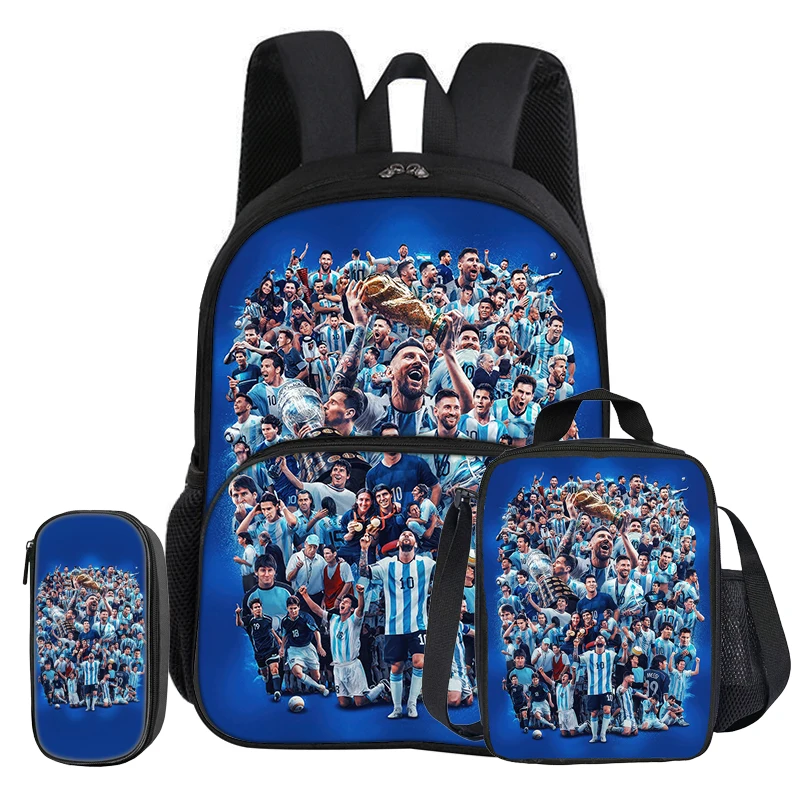 

M-Messis 3 Pcs set with Front Pocket Backpack Football Star with Thermal Insulated Lunch Tote Purse Pencil Case Rucksack