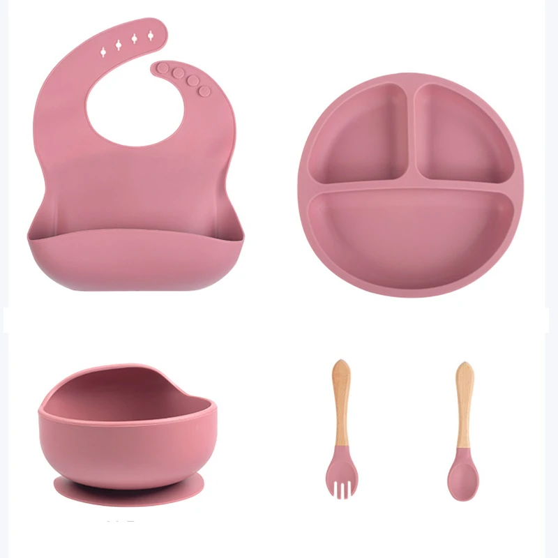 Children\'s Dishes Set Baby Silicone 5/8-piece Tableware Set Suction Cups Forks Spoons Bibs Straws Cups Mother and Baby Supplies