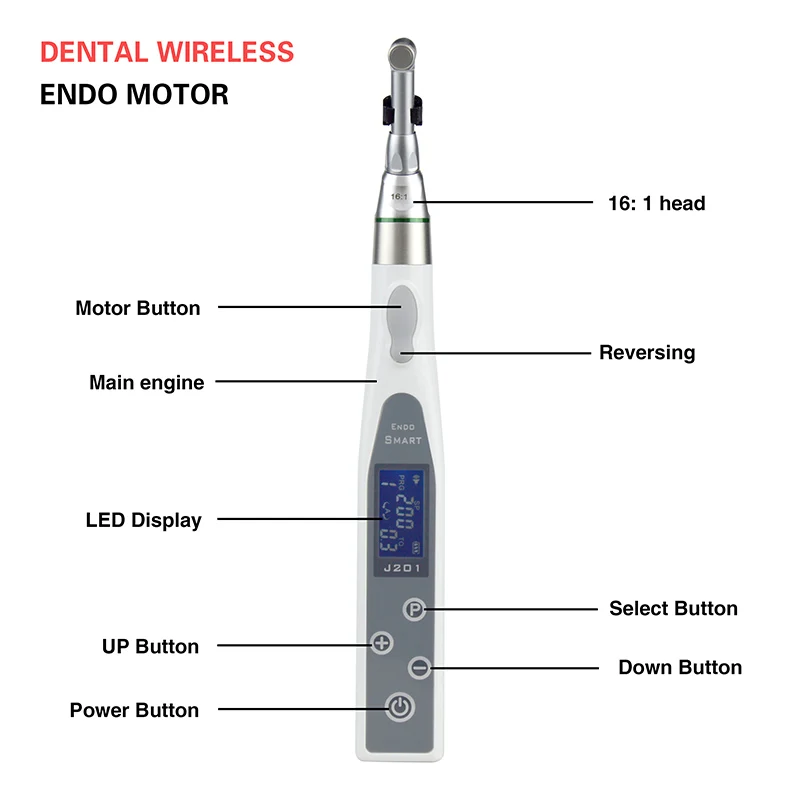 Стоматологический беспроводной эндодвигатель со светодиодной лампой, эндомотор 16:1, стоматологический угловой инструмент для снижения угла