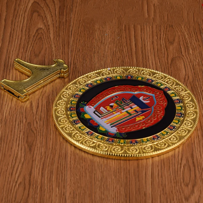 Gilded Color Painted Tibetan Kalachakra Symbol Plate Eight Auspicious Bagua Desktop Ornament Tantric Shrine Hall Entrance Decor