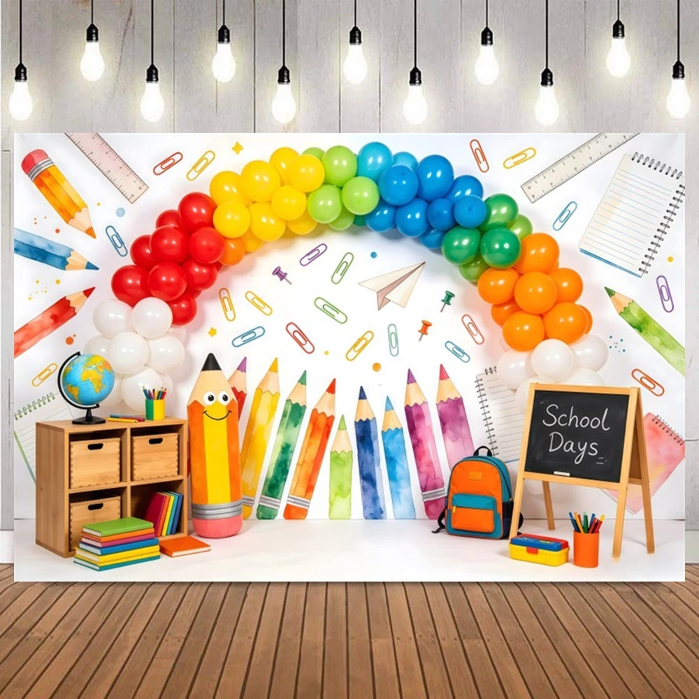 Rainbow Balloons Back to School Backdrop Stationery Pencil Ruler Backpack Globe Kids First Day of School Party Photo Background