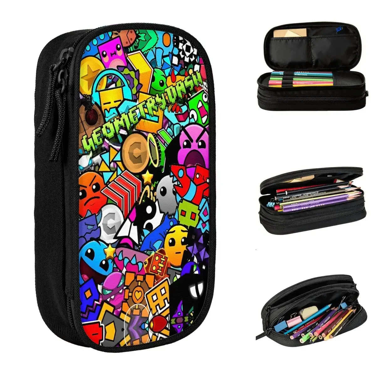 Geometry Dash Video Game Pencil Case Geometric Dash Pen Box Bags Kids Big Capacity School Supplies Zipper Pencil Box