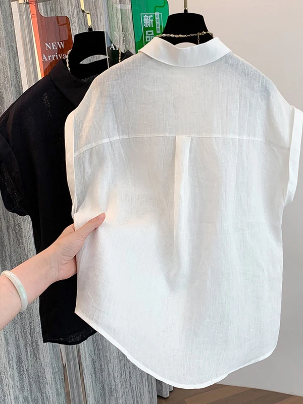 Csa de Linho de Manga Curta com Design Único para Mulheres, Estilo Fino de Verão, Csa E, Moda Casual para Trabalho