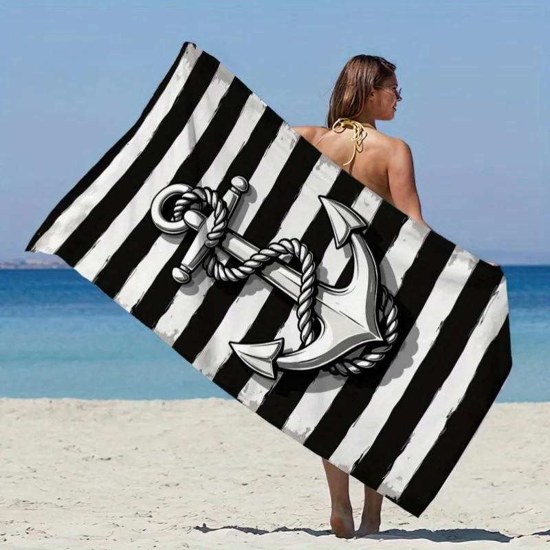 Negro - Toalla de playa con ancla blancaToallas de baño de felpa de microfibra para yoga, viajes, natación, fitness y camping