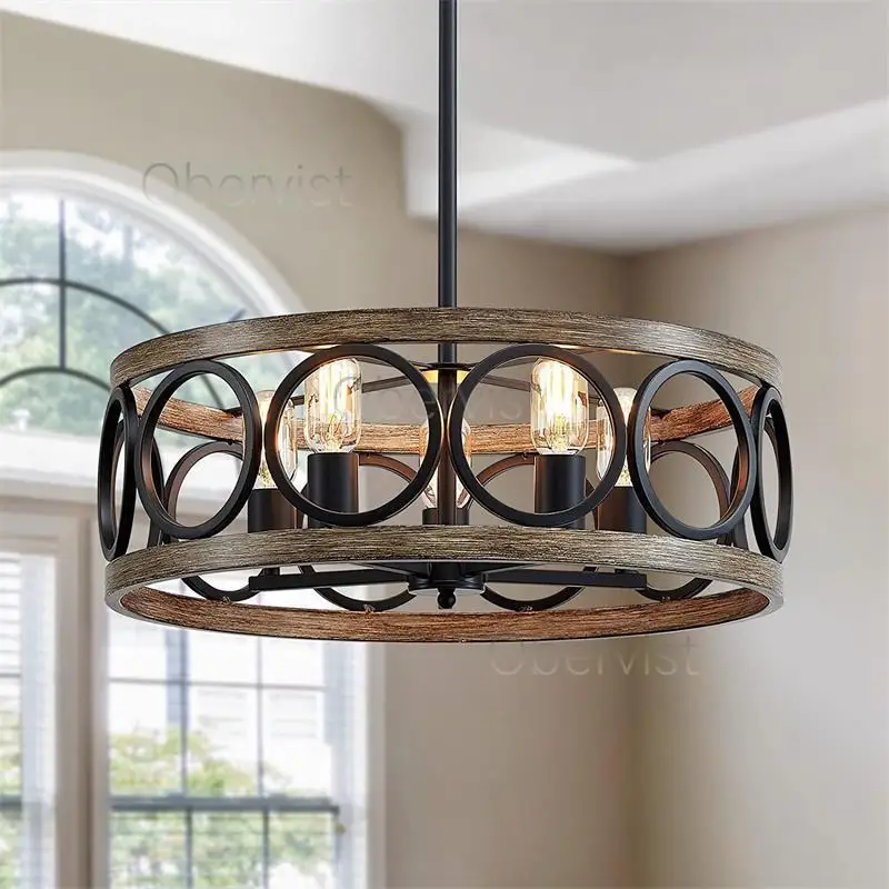

American Industrial Circular Chandelier Farmhouse Retro Iron Art Wood Grain For Restaurant Home Bedroom Ceiling Light Home Decor