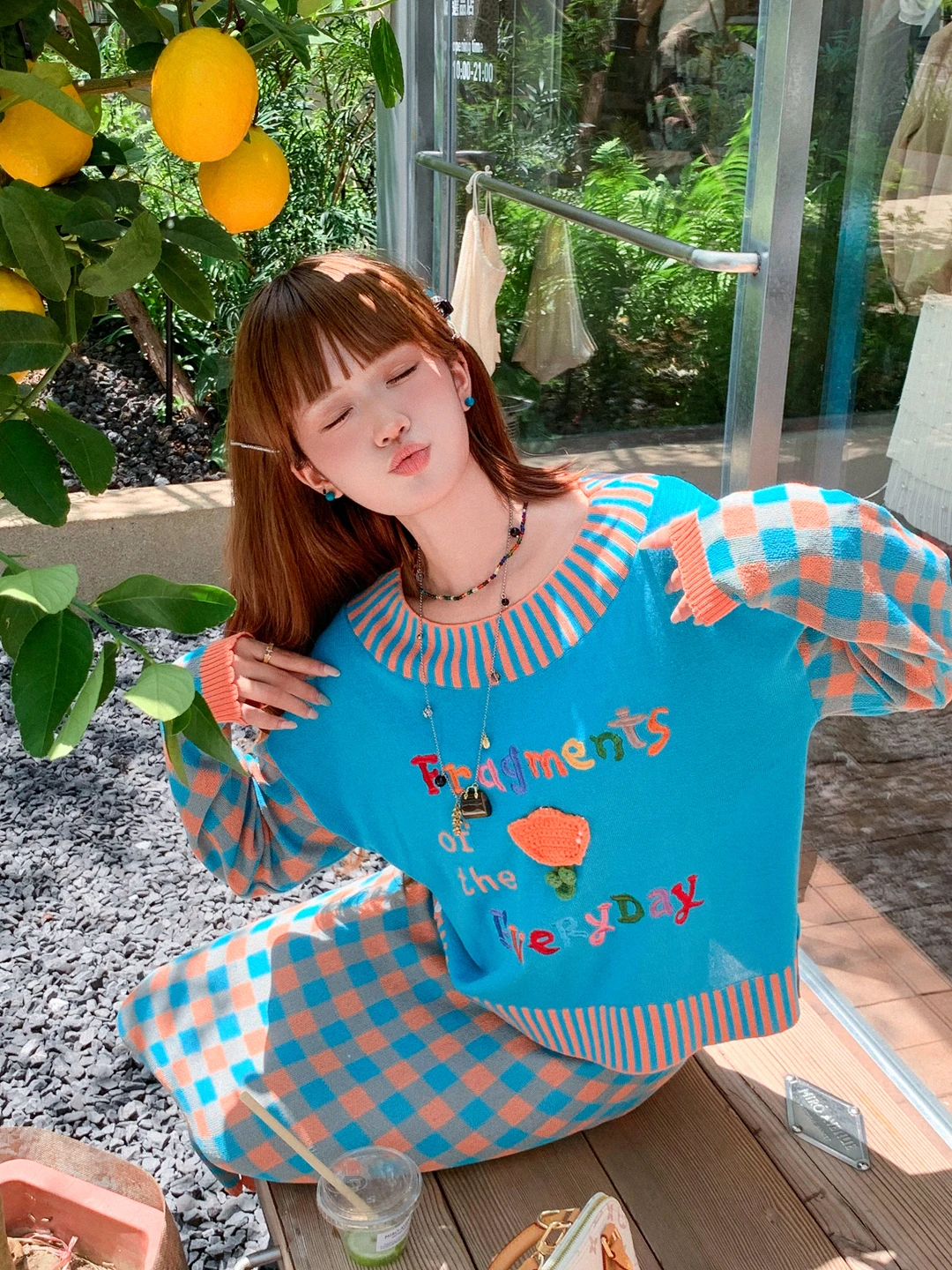 

Kulla Liangpin Knitted Sweater Set Letter Embroidery Plaid Early Autumn Women's Faion Korean Sle Long Sve round Ne Top