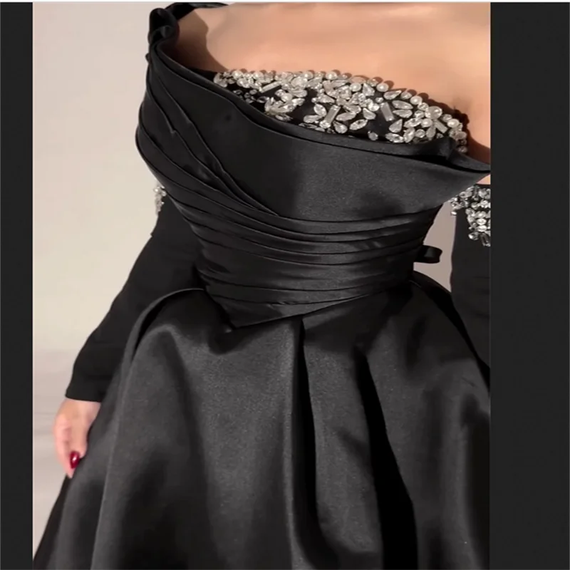 Preto cetim frisado robes de soirée um ombro a linha vestidos de baile personalizado mangas compridas até o chão elegante vestido de casamento