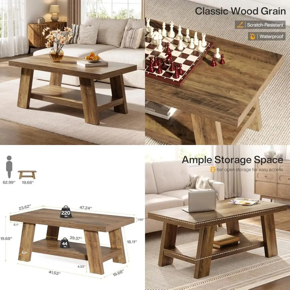 

Прямоугольный деревянный журнальный столик в деревенском стиле для гостиной, 47,24 стиль фермерского дома, двухъярусная центральная часть