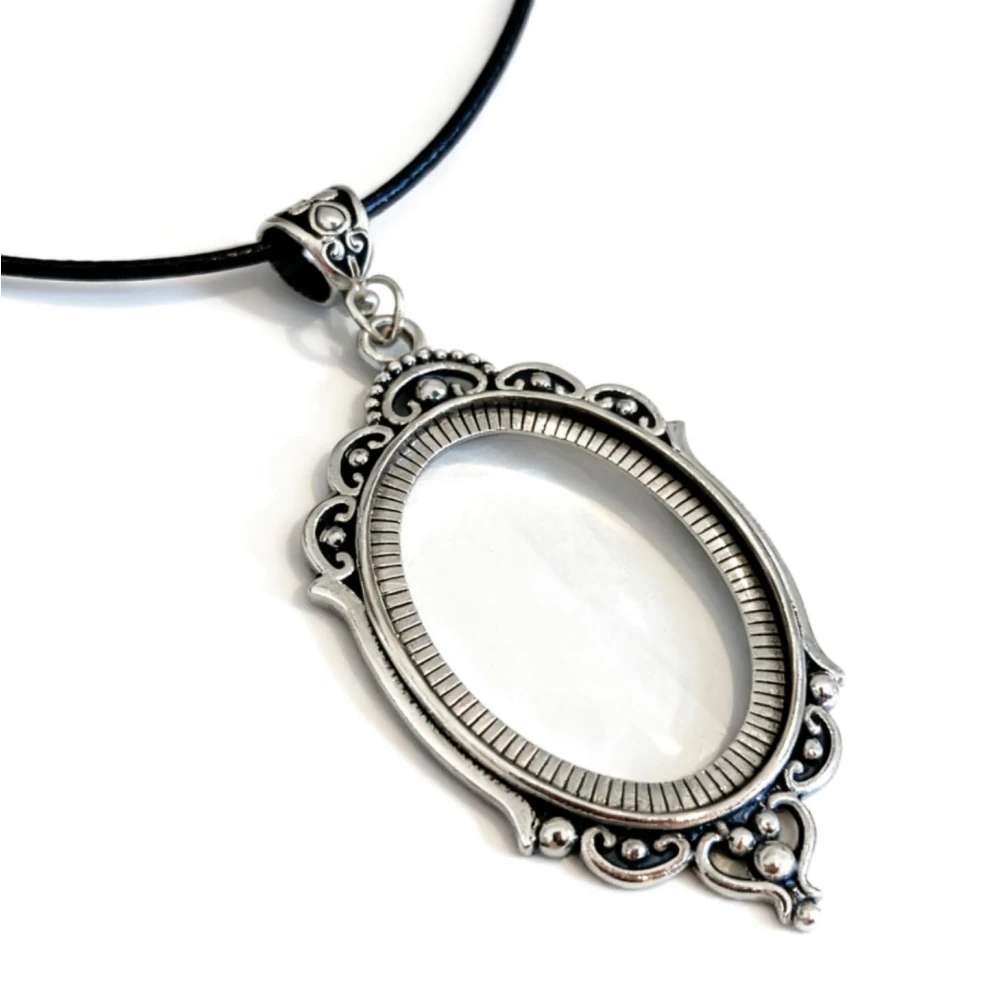 20X Magnifying Glass Pendant Necklace - Vintage Oval Gothic Statement Jewelry with Black Leather Cord Reading Magnifier Lens