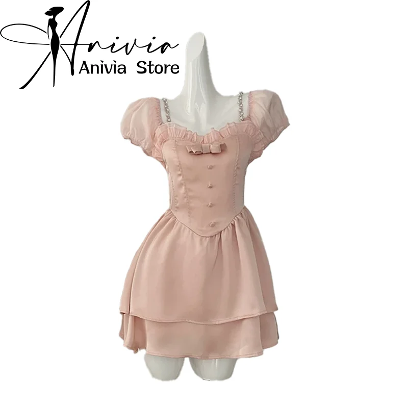 Women's Pink A-line Dress Vintage Square Collar Short Slevee Bow Mini Dresses Y2k Elegant One Piece Frocks 2000s Clothes Summer