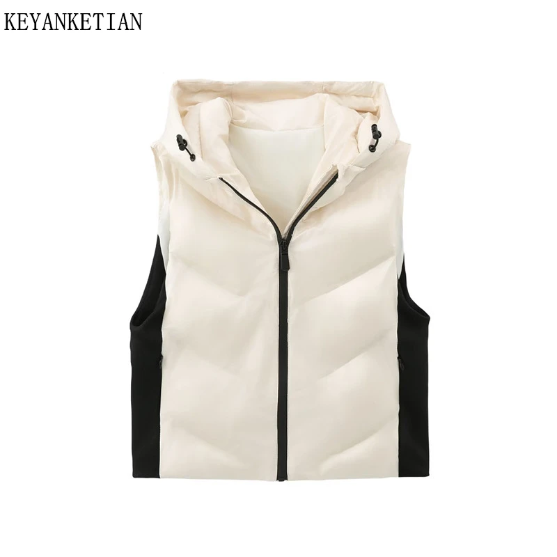 

KEYANKETIAN 2025, новая зимняя женская хлопковая стеганая куртка с капюшоном, жилет в стиле отдыха, тонкая верхняя одежда без рукавов, камзол