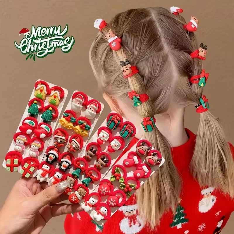 10Pcs/Set Kids Girls Christmas Hair Ties Cute Santa Claus & Reindeer Design Festive Hair Accessories Holiday Parties Decorations