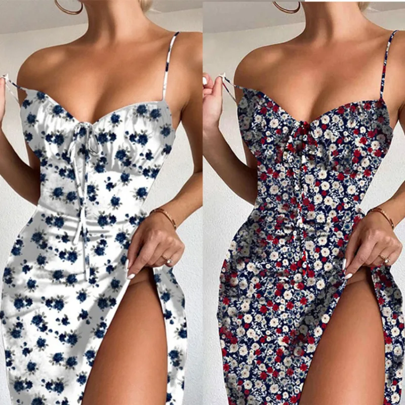 

Sexy Dress Women Nice Vintage Chic Flroal Print Backless Sling Party Dress Boho Drawstring Summer High Split Long White Vestidos