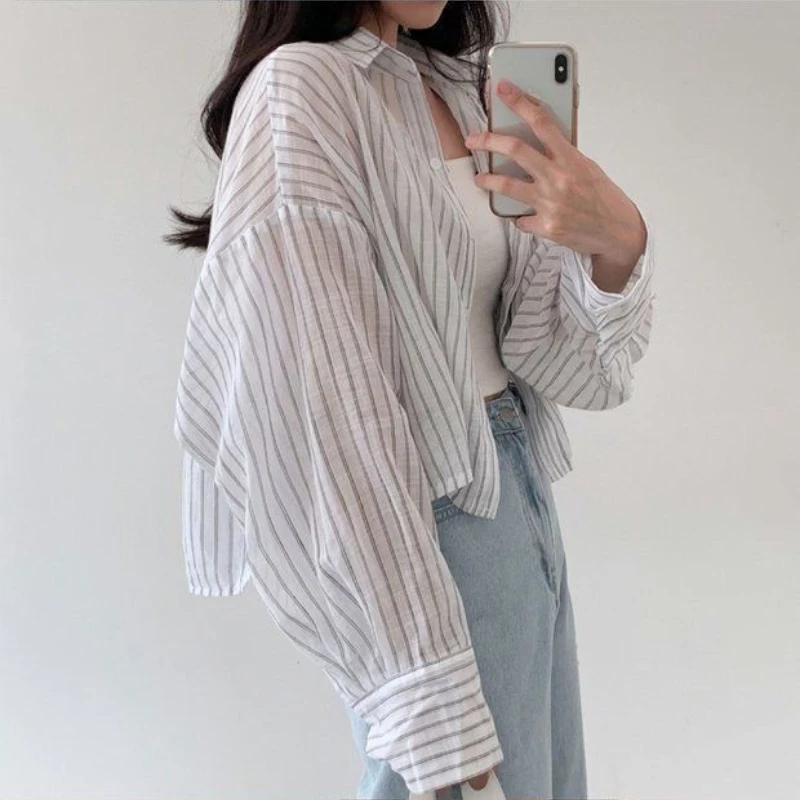 Cropped Striped Shirts Women Loose Summer Korean Style All-match Turn-down Collar Leisure Thin Design Simple Lazy  Clothes