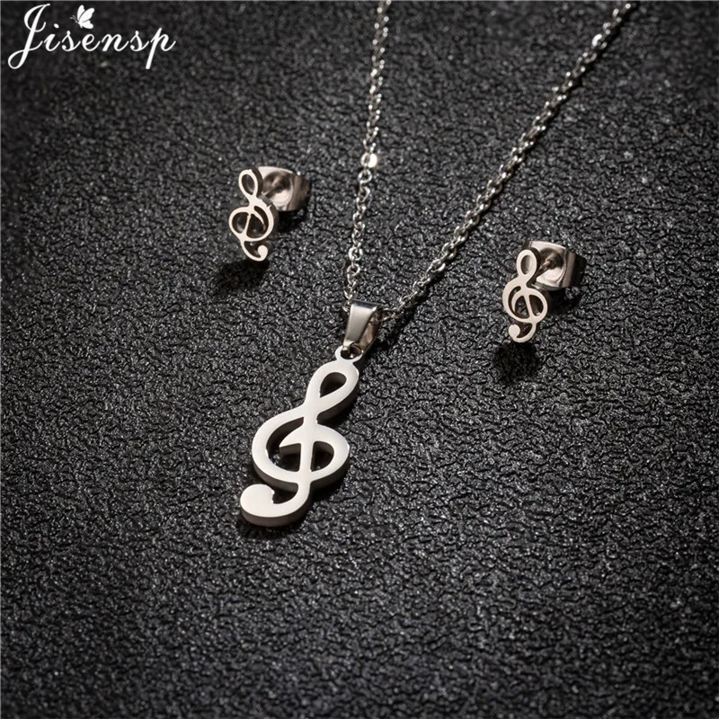 Fashion Musical Note Pendant Necklace for Women Tiny Music Stud Earrings Girls Birthday Gift Stainless Steel Jewelry Sets Brinco