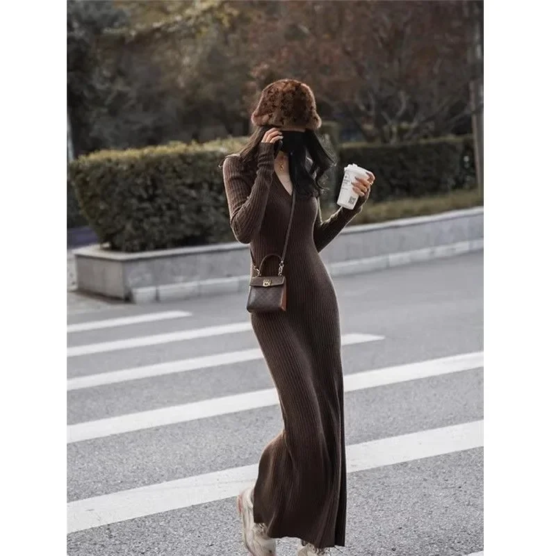 Korean Fashion Knitted Dress Women's Autumn and Winter Long Slim Fit Base Sweater Solid Color Dresses Female Clothing