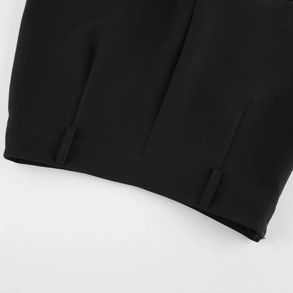 Black High Waist Blazer Short Pant Lace Splice Relax Fit Pleated Front Shorts Elegant Wrinkle Free Retro Design Shorts