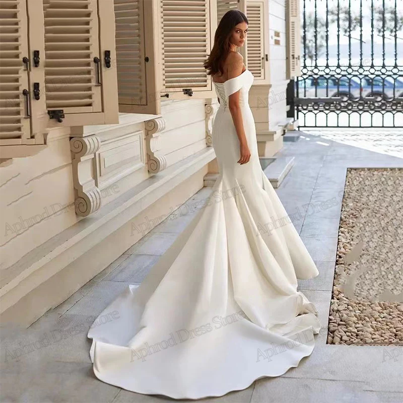 Vestidos de casamento simples bainha de cetim sereia fora do ombro roupões para festa formal com decote em v glamouroso vestidos de novia personalizado