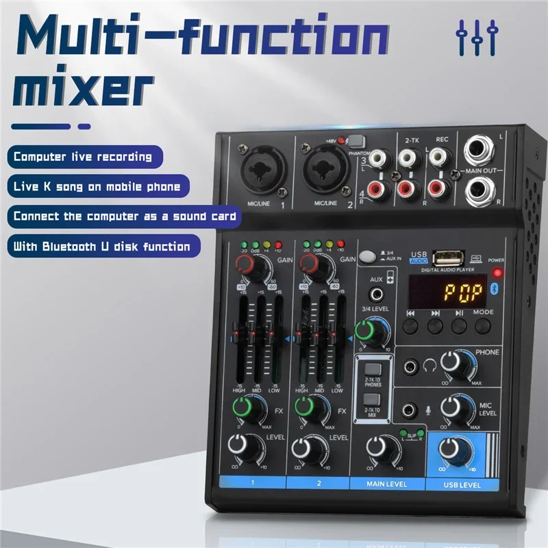 

4 Channel Bluetooth Audio Mixer Sound Card Audio DJ 16 Digital Effects Noise Reduction Console USB Recording For Singing