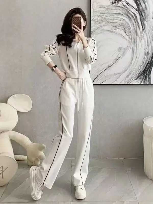 Korean Style Women's Fashionable Sporty Two-Piece Set Autumn Spring Open Cardigan Sweatshirt Long Sleeve Loose Fit Casual