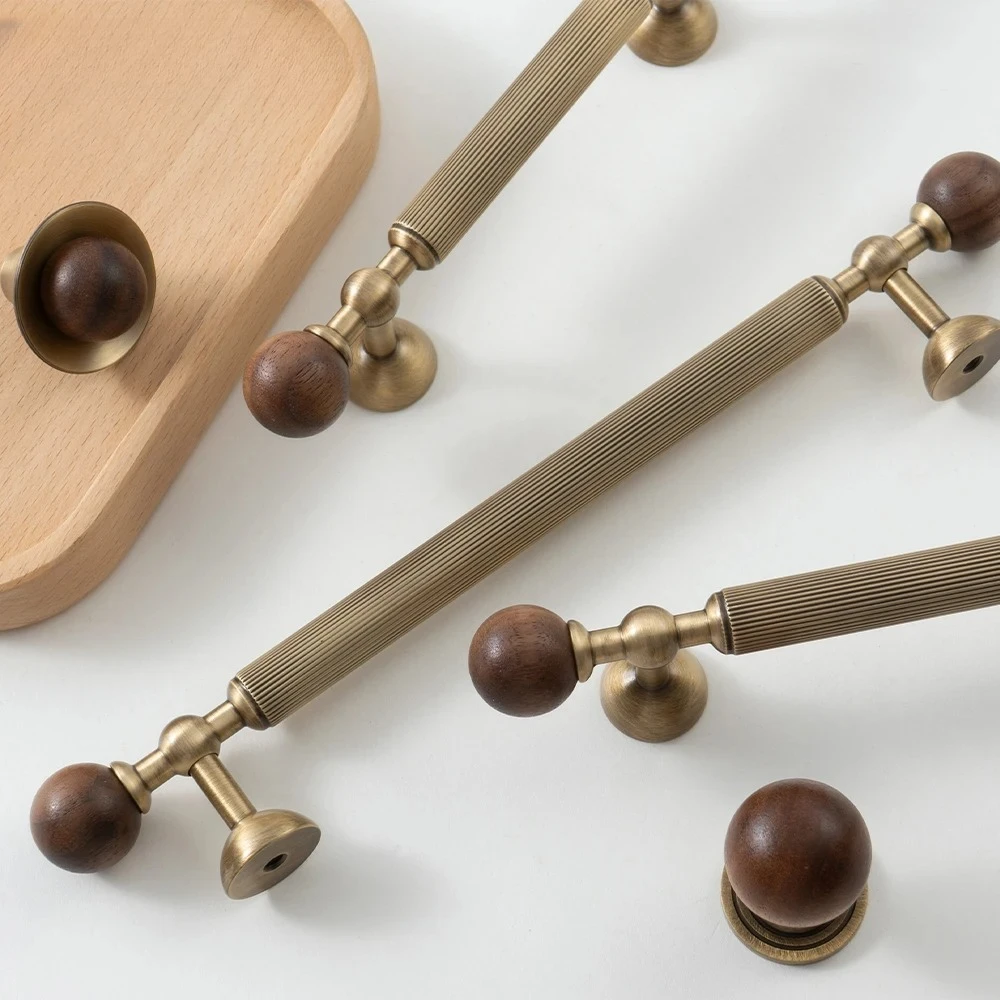 Vintage Walnut Wood + Brass Handles with Vertical Stripes Ball End Knobs Antique Bronze Furniture Pulls for Cabinets Drawers