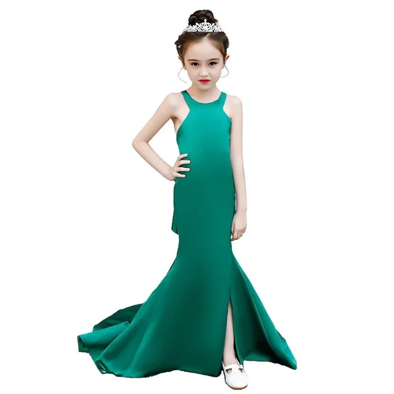 Vestidos de Noche elegantes para niñas adolescentes, traje de pasarela, espectáculo de moda, fiesta para niños, Vestido largo de sirena verde, ropa Formal de Graduación