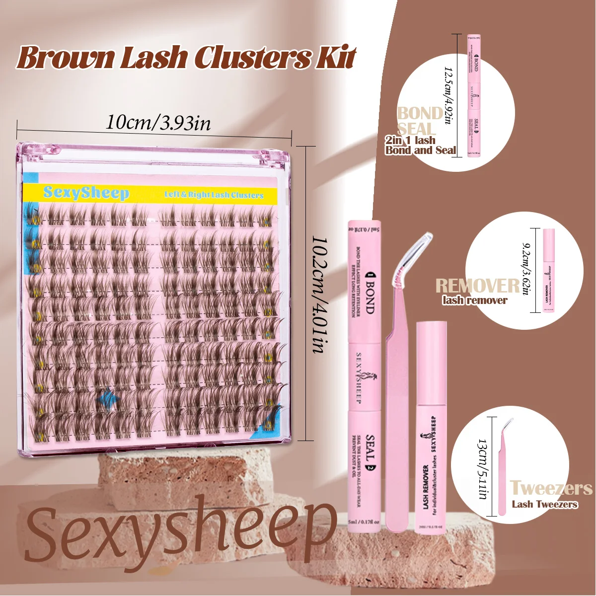 Zestaw do samodzielnego przedłużania rzęs 120 sztuk, brązowe rzęsy, pojedyncze rzęsy z klejem do rzęs i płynem do usuwania kleju, pęseta do rzęs