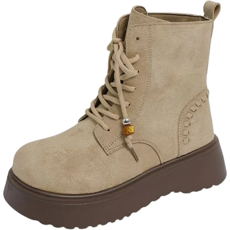 

Women Leather High Top Wedges Work Boots Autumn Winter New Thick Sole Non Slip Lace Up Round Toe Height Increasing Ankle Boots