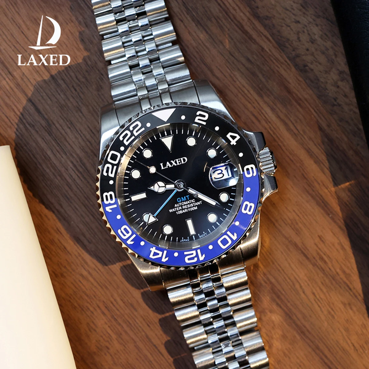 LAXED 40mm NH34 Men's Automatic Watch GMT Function Luminous Black Dial Sapphire Crystal Automatic Date Bracelet Rotating Glass