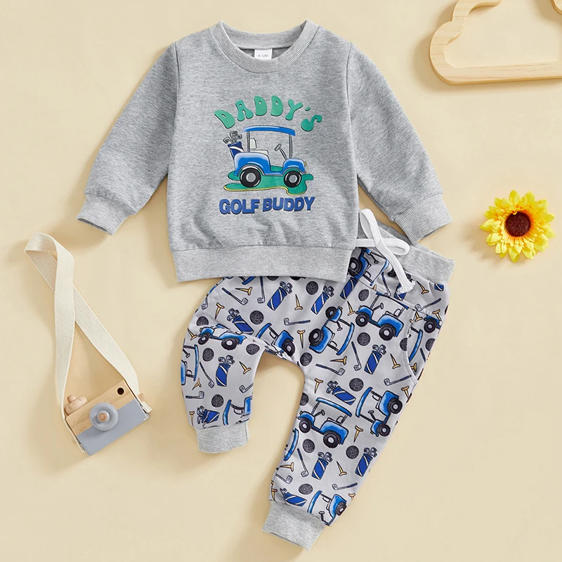 

Boy Autumn 2PCS Outfit Sets Long Sleeve O Neck Letter Print Tops Golf Cart/Golf Print Pants Sets