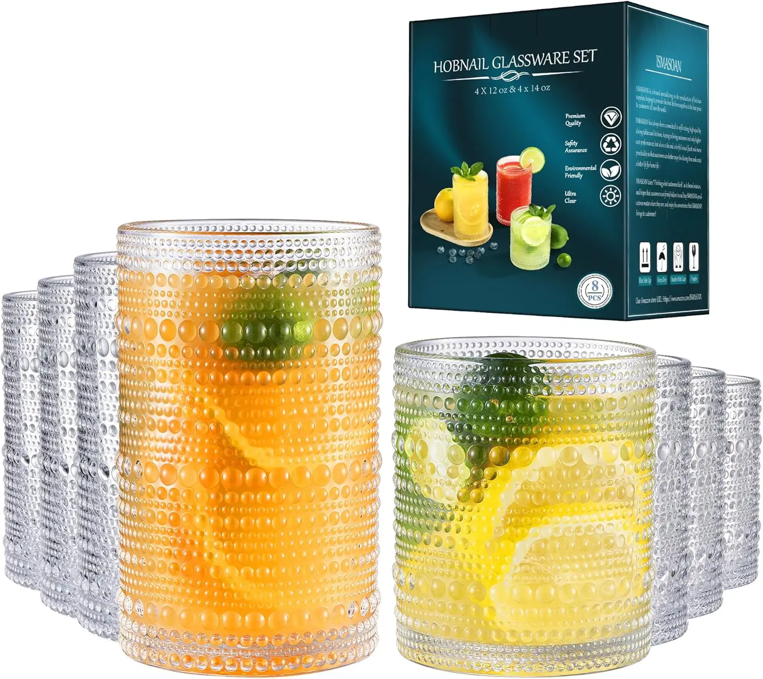

Винтажный набор стаканов с рельефным узором (хобнэйл), 8 штук, для коктейлей, 14 и 12 унций, бордированные стеклянные стаканы для кухни