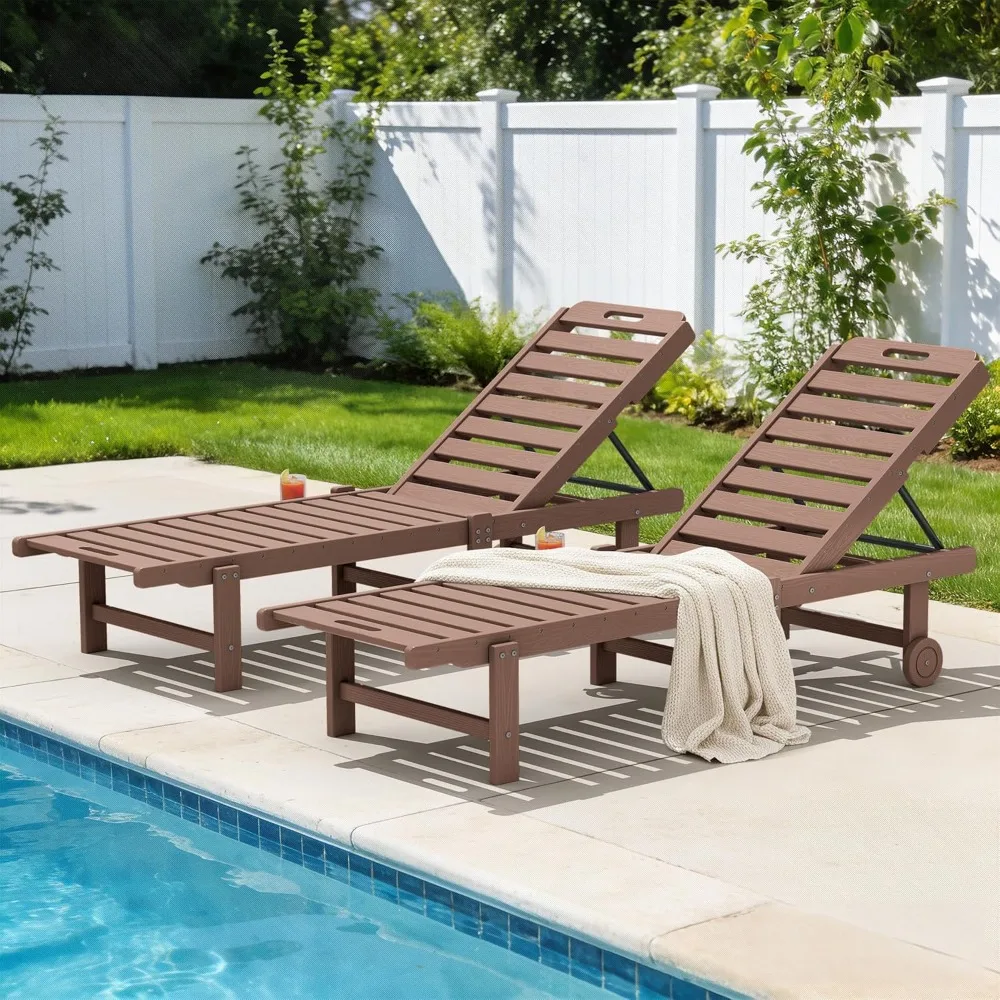 Factory Direct 2026 Outdoor Chaise Lounge Set of 2, HDPE Pool Chair 5-Position Adjustable Backrest, Rolling Wheels & Cup Holder,