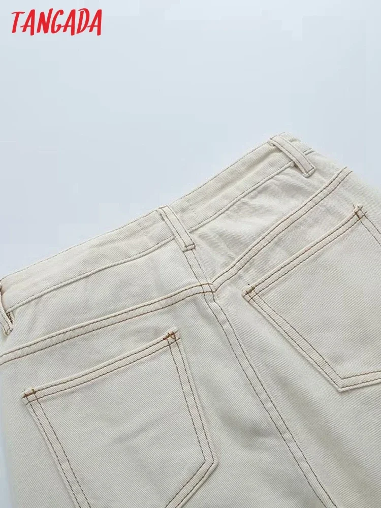 Tangada Spring Women Beige Jeans Pants Trousers Pockets Buttons Female Pants 7B31