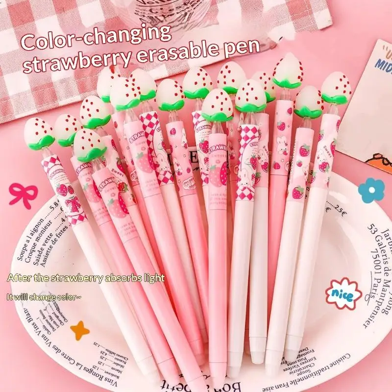 Strawberry Design Erasable Gel Pen Set Light Sensitive Color Change Ink for School Kids Student Writing