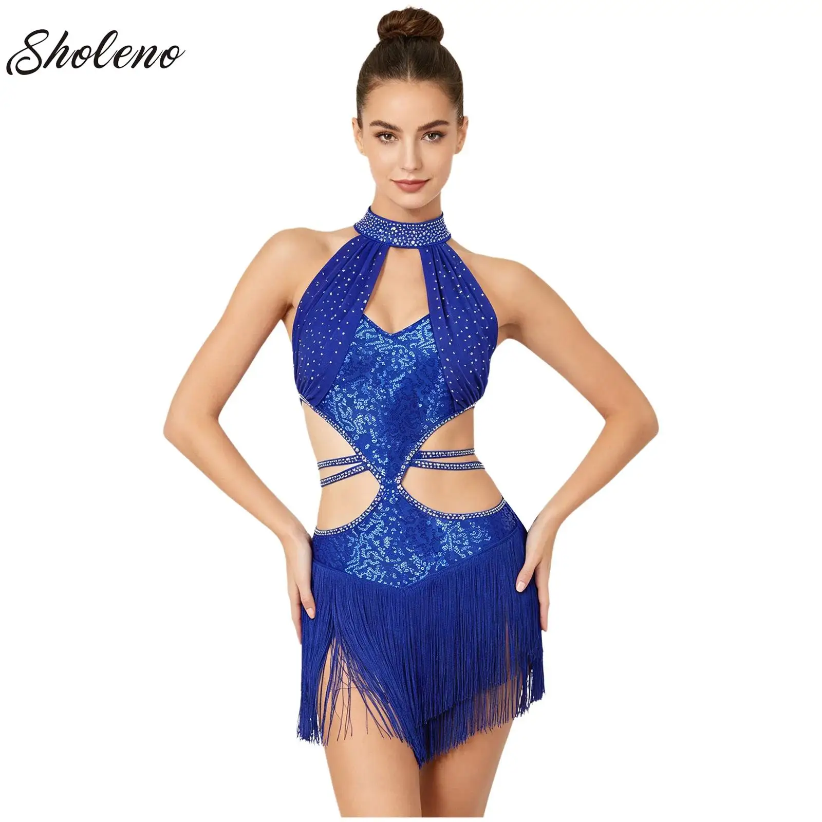 

Women Glittery Rhinestone Ballet Latin Dance Performance Costume Female Sequin Ruched Mesh Overlay Bodice Tassel Leotard Dress