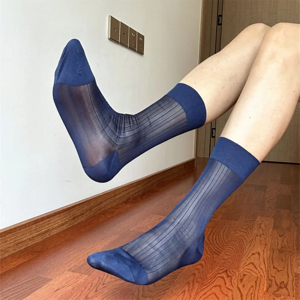 Mens Crew Socks Narrow Striped Business Formal Nylon Hosiery Breathable Thin Style Comfortable For Daily Office Wear GENT MUBEN
