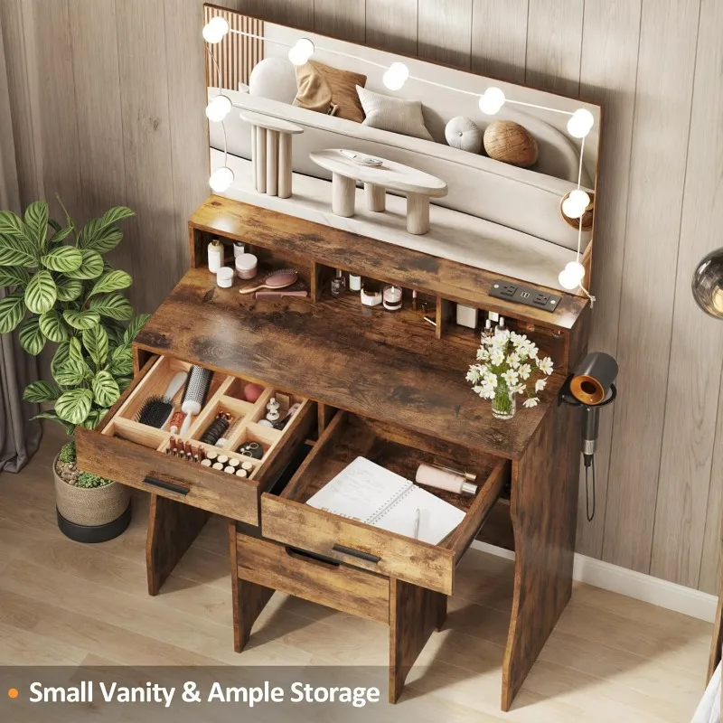 Makeup Vanity with Lighted Mirror & Power Outlet, White Vanity Set Vanity Desk, Clearance Makeup 3 Lighting Colors