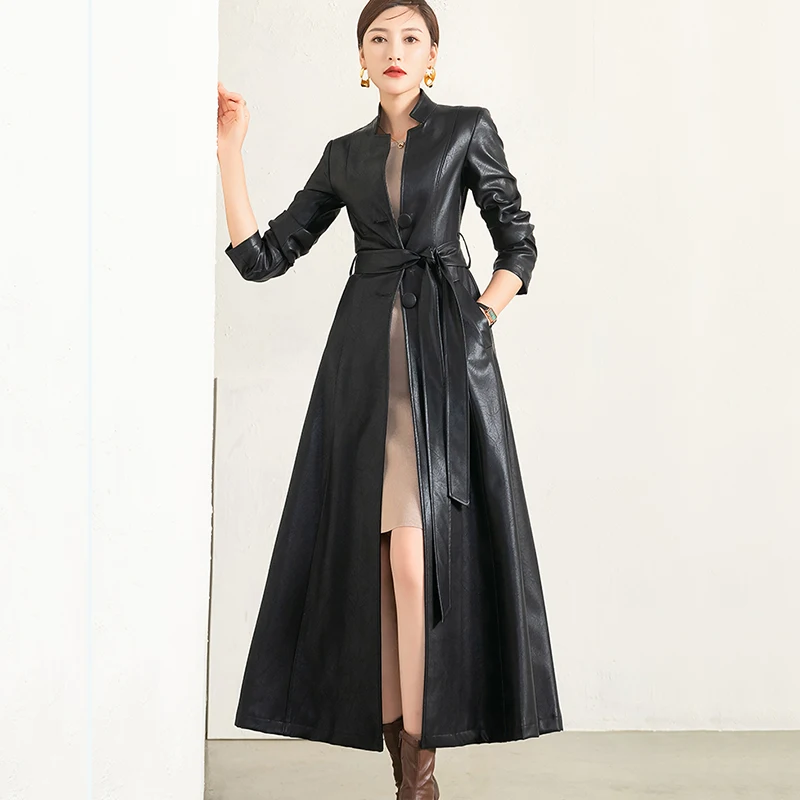 Pop Women Black Leather Overcoat Spring Autumn Fashion Stand Collar Solid Color All-match Slim Long Ankle-Length Leather Coat