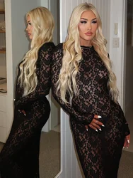Women Sexy Lace Hollow Out Bodycon Long Dress Party Night Club See Through Slim Fit Lady Dresses Summer Robes Fashion Clothing