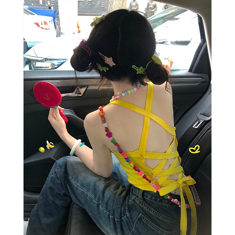 Genayooa Y2k Vintage Tank Tops Lace Up Backless Camis Tops Streetwear 2000s Japanese Fairycore Halter Tops Summer Party Wear