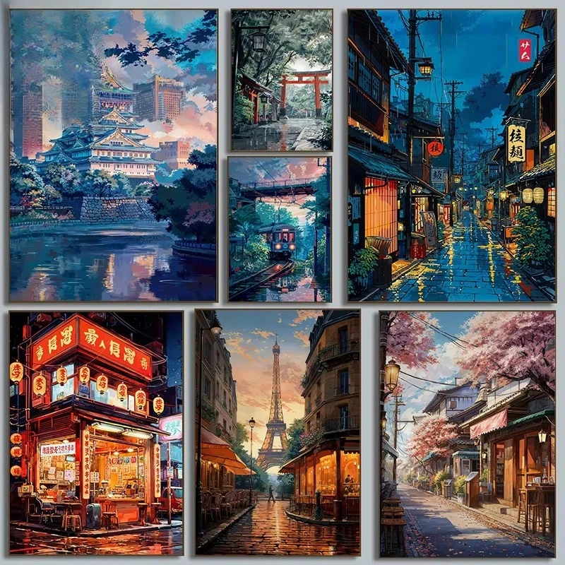 DIY Ölgemälde nach Zahlen Japan Tokyo Streets Stadtlandschaft Heimdekoration Wand Wohnzimmer Dekor Bestes Geschenk Rahmen