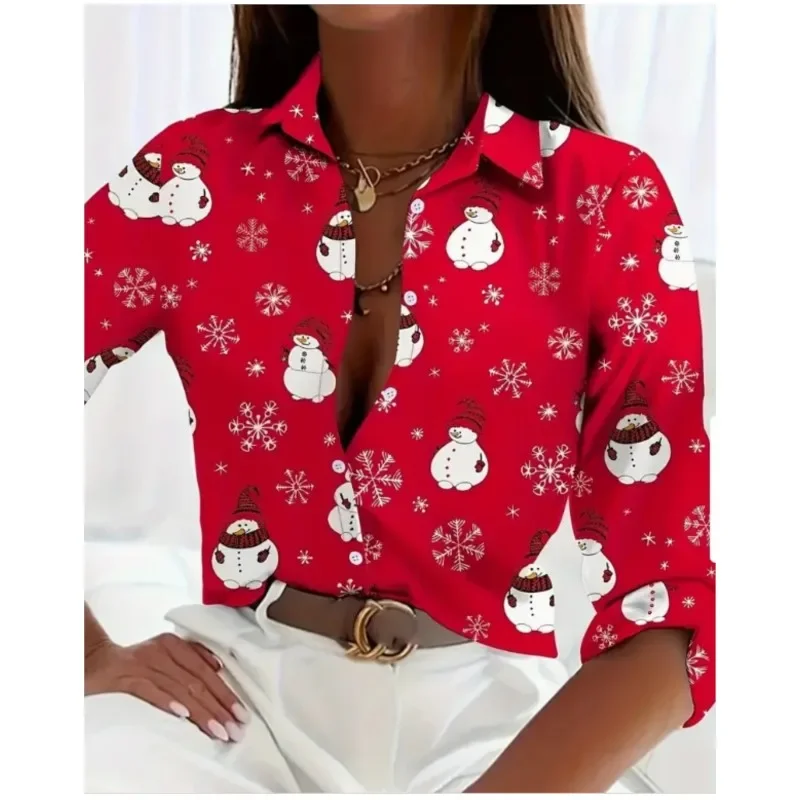 New Women\'s Lapel Button Long Sleeved Shirt Commuting style Christmas Halloween Printed Comfortable Shirt For Women Tops Blouses