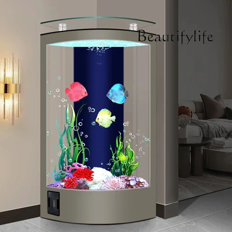 

qw New fan-shaped goldfish tank household living room medium and large vertical floor-to-ceiling glass aquariumqw