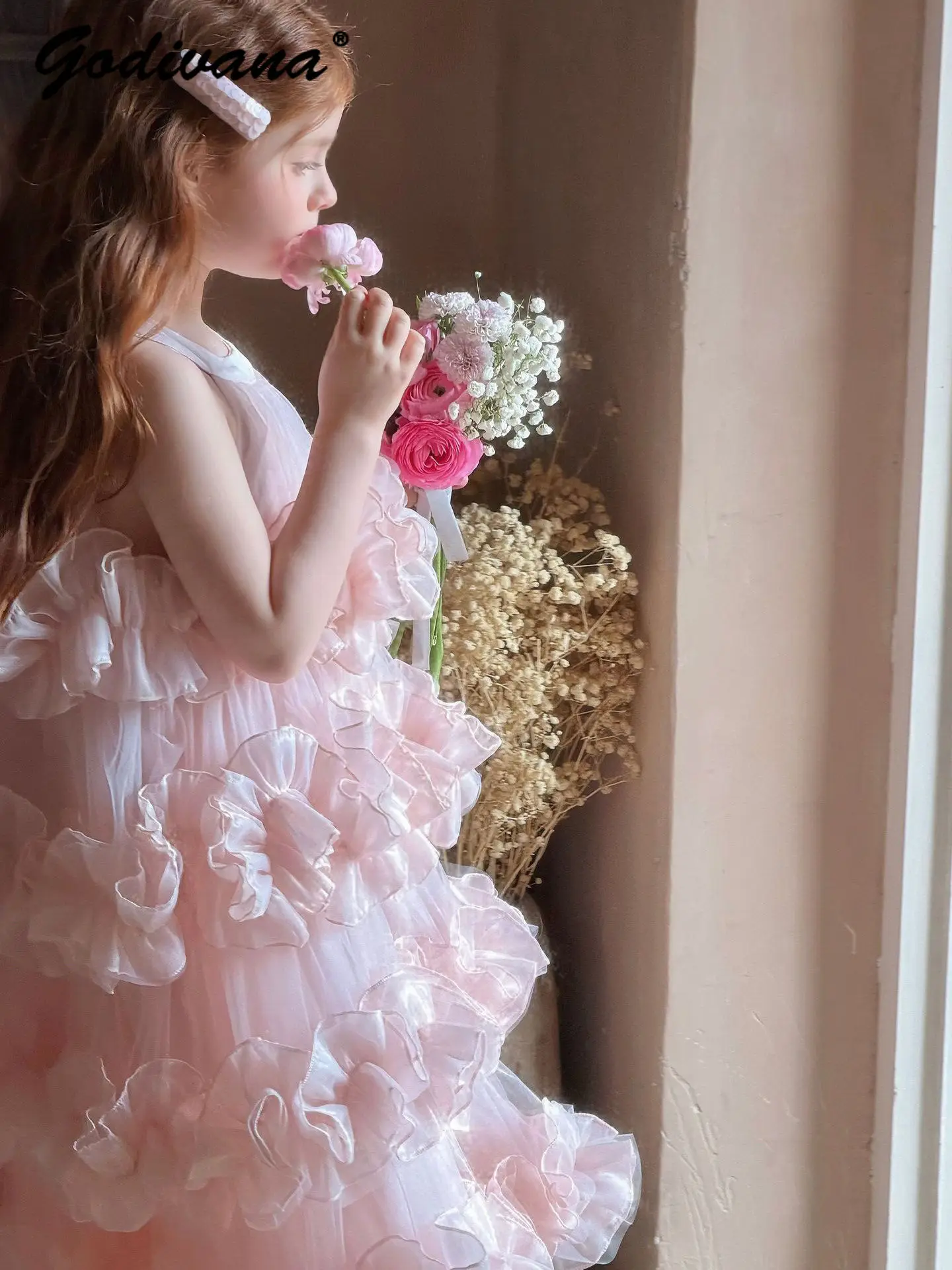 Sweet Girls Spring and Summer Princess Dress Childrens 3d Floral Sleeveless Halter Neck Elegant Dresses Birthday Party Ball Gown
