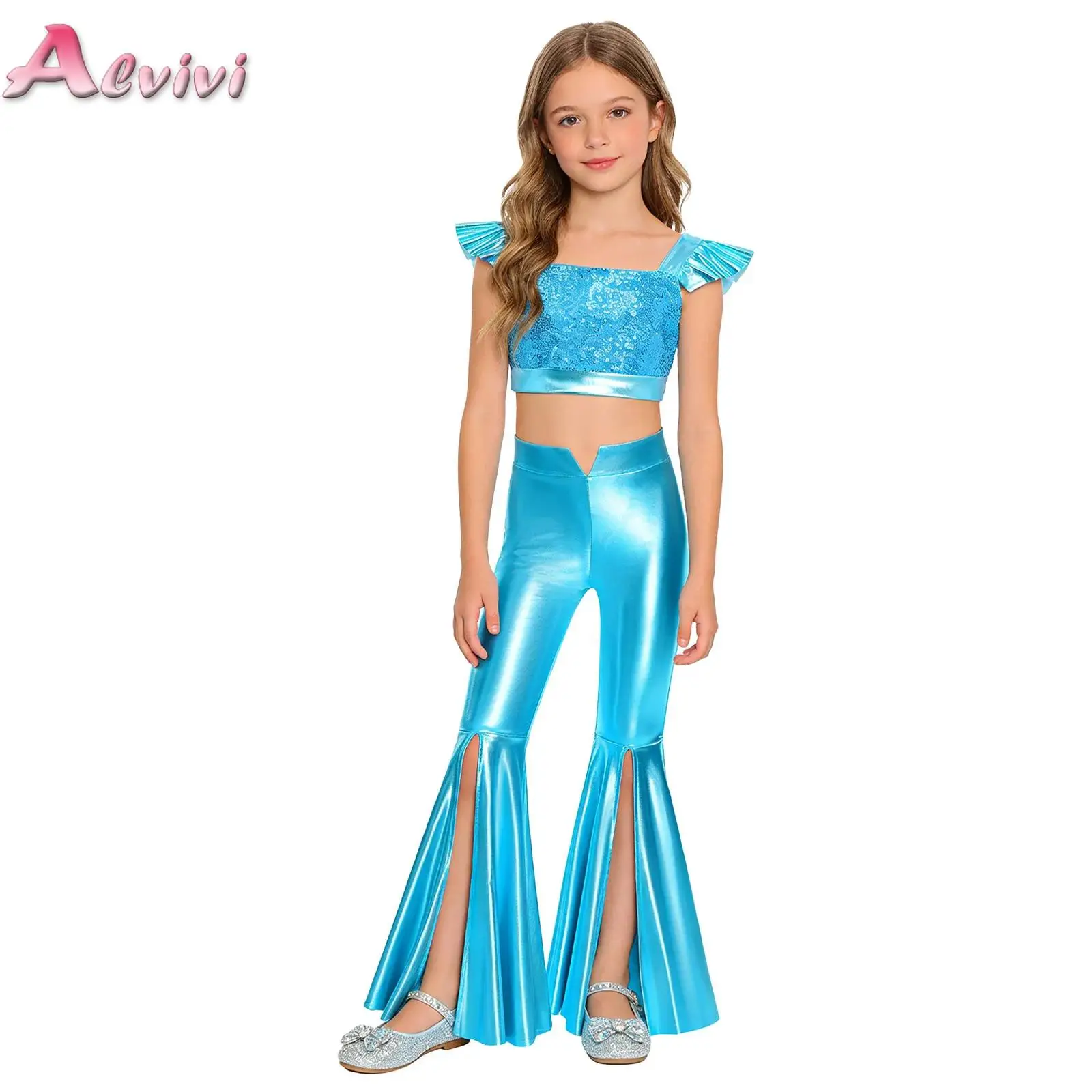 Kids Girls Sequins Pageant Outfit Ruffled Sleeves Metallic Crop Top with Split Bell-bottom Pants Jazz Dance Performance Clothes