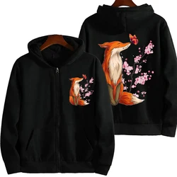 Woman Hoodie Y2K Grunge Zip Up Sweatshirts Vintage Graphic Clothes Fox Cherry Blossom Flower Sakura Aesthetic Clothes for Women