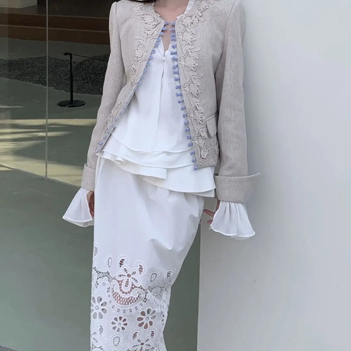 Ivory White and Gray Textured French Elegant Ruffled Carrot Sleeve Design Shirt/oatmeal Coat