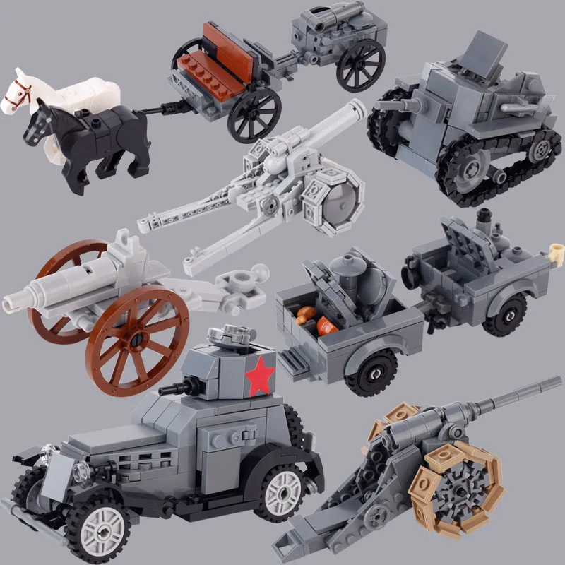 WW1 Italian Soviet Military Tank Armored Car Building Blocks US German Soldier Figures Cannon Carriage MOC Model Bricks Kids Toy