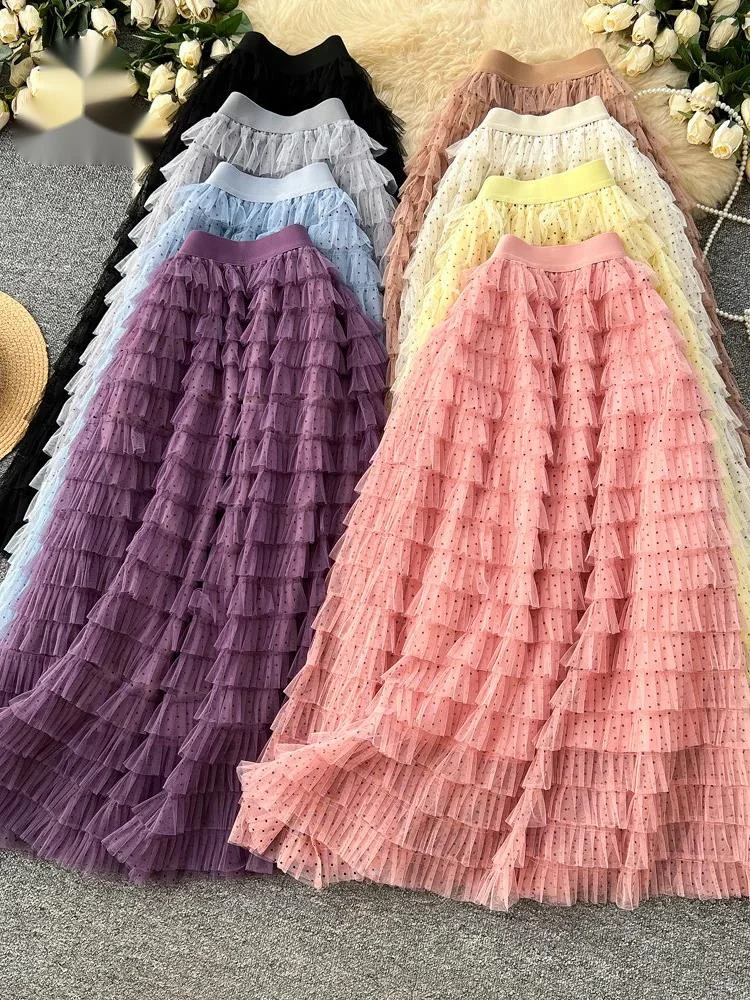 

Юбки в горошек из сетки, весенние, А-силуэта, облегающие, с высокой талией, в нежном корейском стиле, воздушные, многоярусные, длинные юбки-кейк