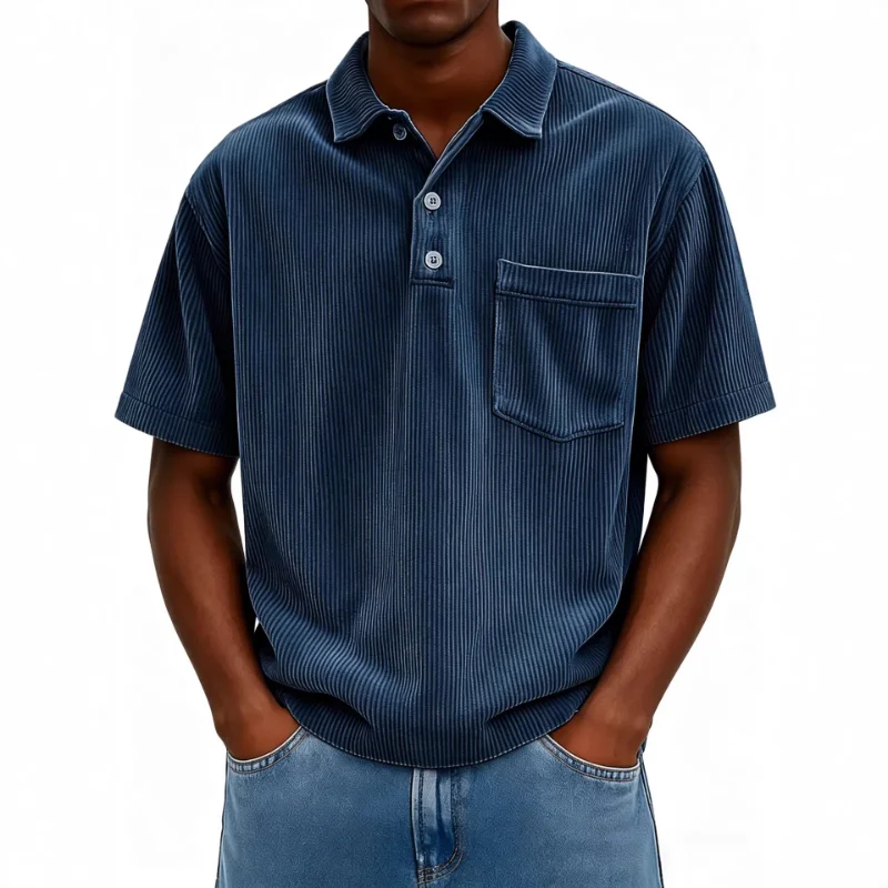 Men Loose Fit Corduroy Short Sleeve Shirt With Single Pocket Casual Summer Top